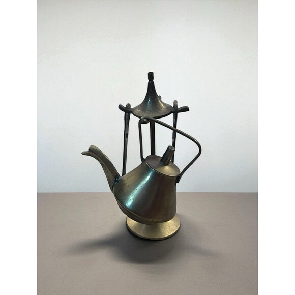 Vtg Mini Brass Teapot Kettle Spoon Fork & Stand Dollhouse Decorative - Picture 1 of 11